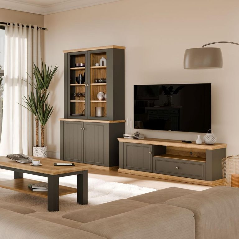 Pontypool TV Unit - 1 Door - 1 Drawer - 149.5cm - Dark Grey and Light Oak