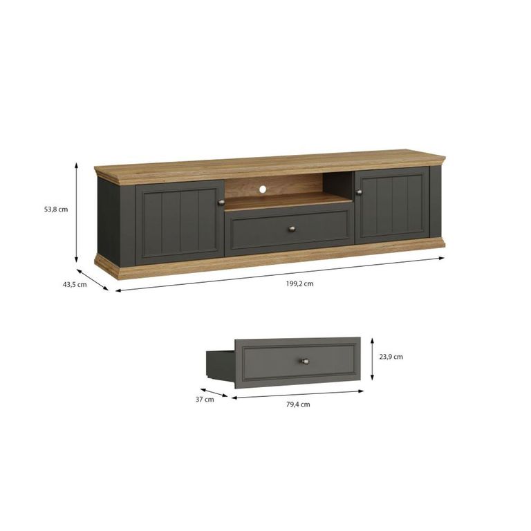 Pontypool TV Unit - 2 Door - 1 Drawer - 199.2cm - Wide - Dark Grey and Light Oak