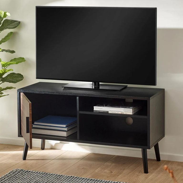 Trent TV Unit - 1 Door - 100cm - Compact - Walnut and Black - Oak Effect