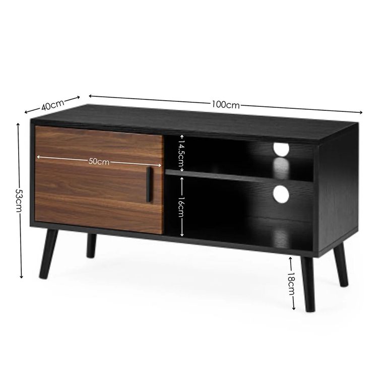 Trent TV Unit - 1 Door - 100cm - Compact - Walnut and Black - Oak Effect