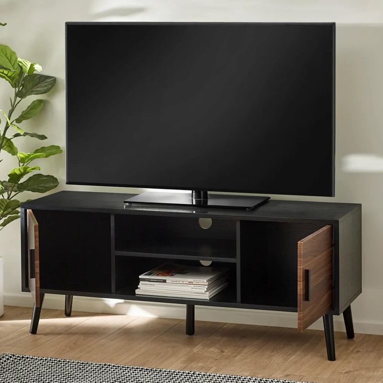 Trent TV Unit - 2 Door - 130cm - Walnut and Black - Oak Effect