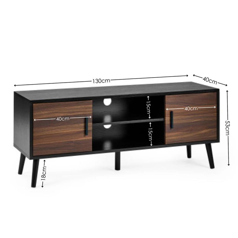 Trent TV Unit - 2 Door - 130cm - Walnut and Black - Oak Effect