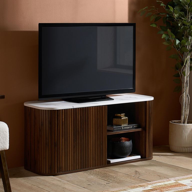 Russo Curved TV Cabinet - Fluted Base - 1 Door - 110cm - Compact - White and Walnut - Marble Top and Wooden