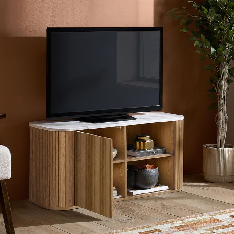 Russo Curved TV Cabinet - Fluted Base - 1 Door - 110cm - Compact - White and Natural - Marble Top and Wooden