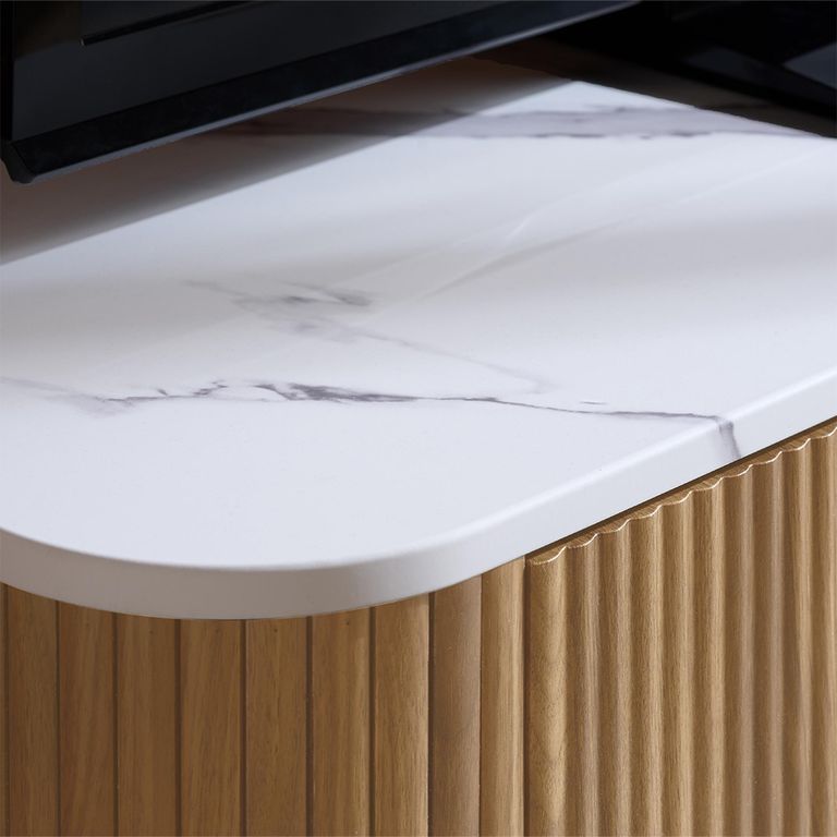 Russo Curved TV Cabinet - Fluted Base - 1 Door - 110cm - Compact - White and Natural - Marble Top and Wooden