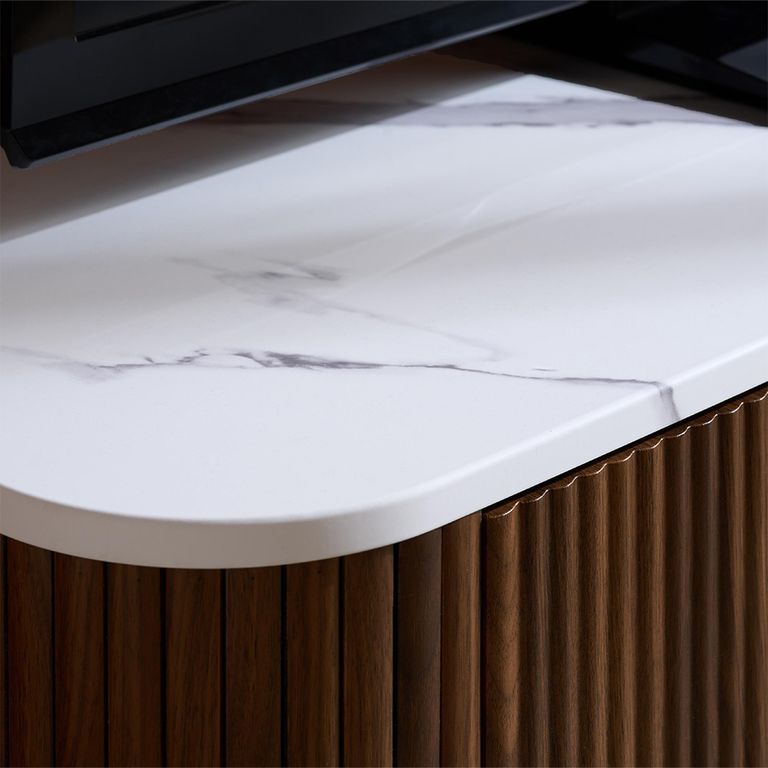Russo Curved TV Cabinet - Fluted Base - 1 Door - 110cm - Compact - White and Walnut - Marble Top and Wooden