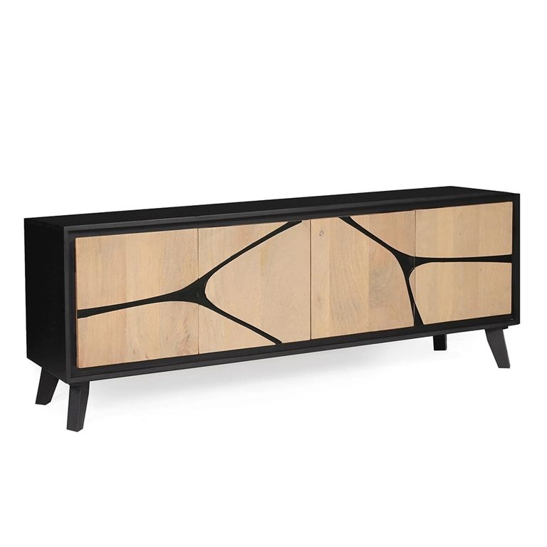 Boho TV Cabinet - 4 Door - 170cm - Large - Geometric Design - Natural and Black - Mango Wood
