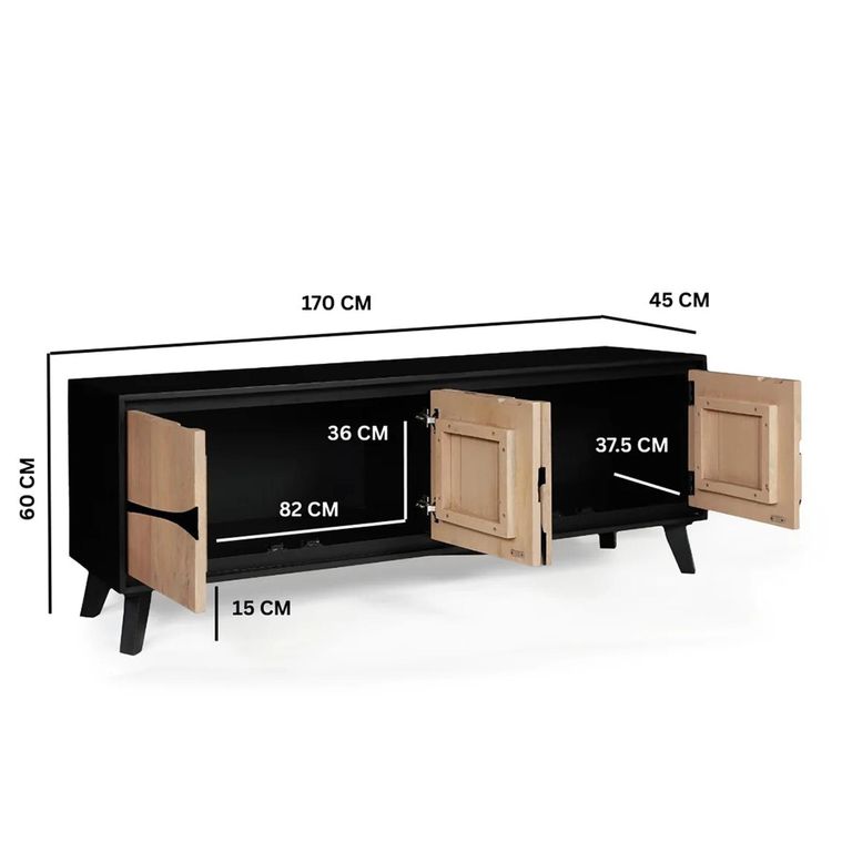 Boho TV Cabinet - 4 Door - 170cm - Large - Geometric Design - Natural and Black - Mango Wood