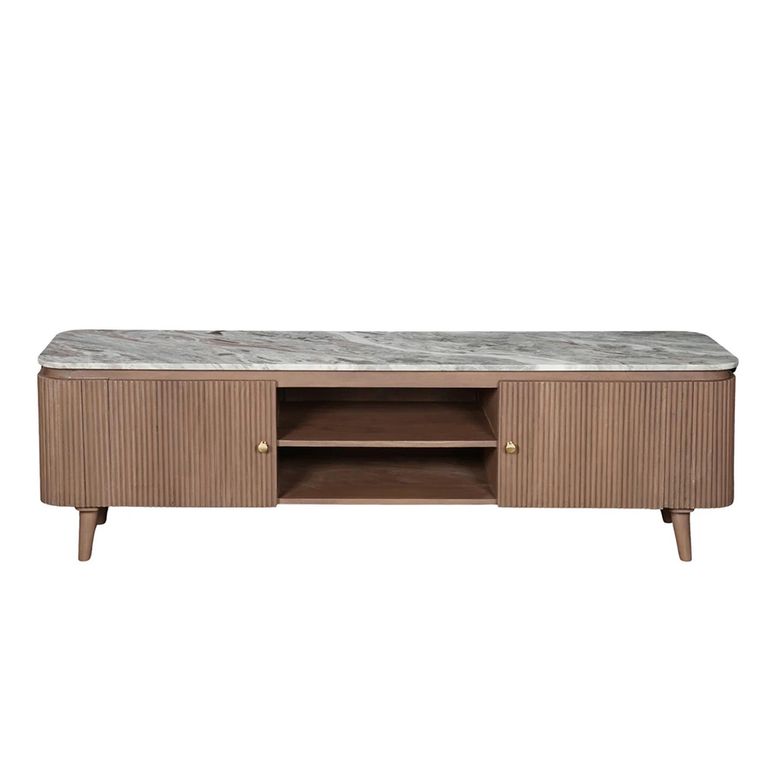 Ashford Curved TV Cabinet - 2 Door - 170cm - Large - Fluted - Pale Taupe - Marble Top and Mango Wood