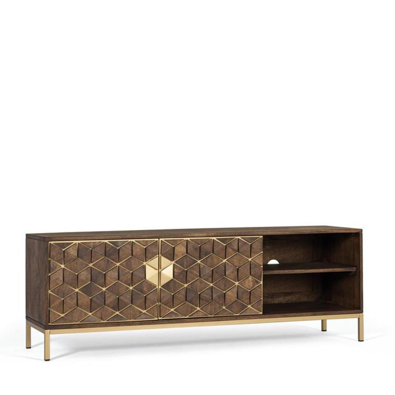 Caltan TV Unit - 2 Door - Walnut Mango Wood and Gold - Geometric