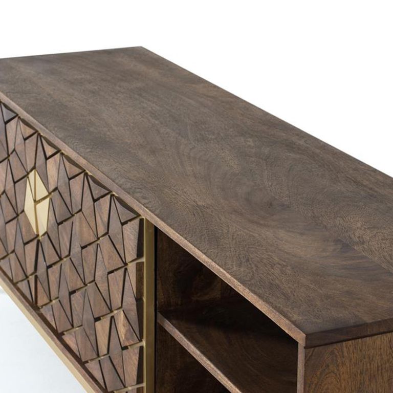 Caltan TV Unit - 2 Door - Walnut Mango Wood and Gold - Geometric