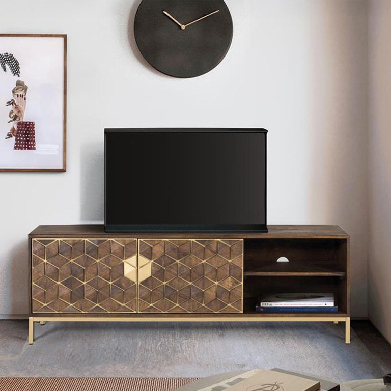 Caltan TV Unit - 2 Door - Walnut Mango Wood and Gold - Geometric