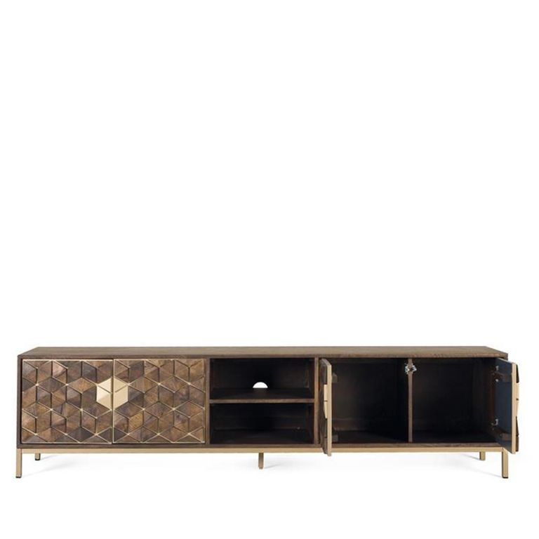 Caltan Large TV Unit - 4 Door - Walnut Mango Wood and Gold - Geometric