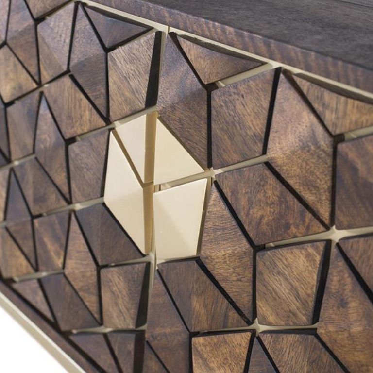 Caltan Large TV Unit - 4 Door - Walnut Mango Wood and Gold - Geometric