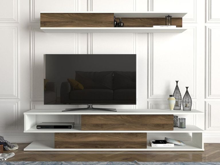 Clearance - Cavalero White and Walnut 2 Door TV Unit