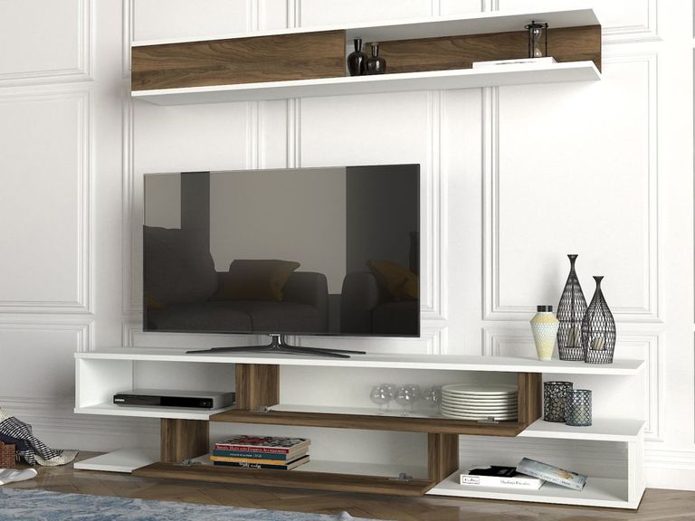 Clearance - Cavalero White and Walnut 2 Door TV Unit