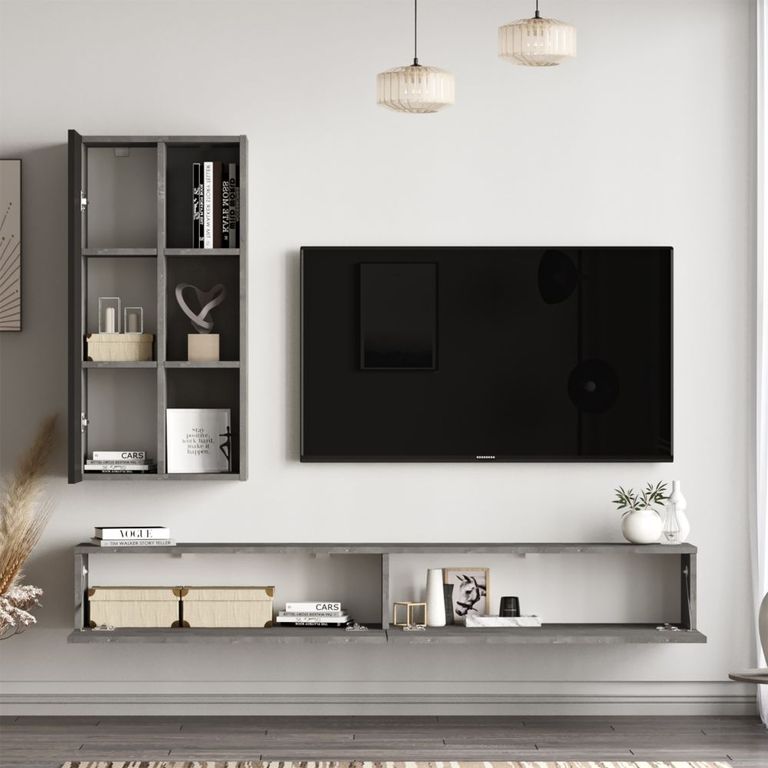 Clearance - Lemont Silver and Black Hanging TV Unit with Wall Shelf