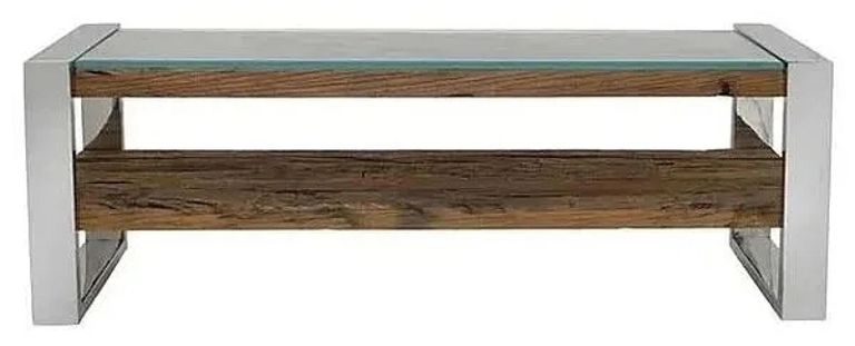Clearance - Railway Sleeper TV Bench with Glass Top, 120cm Open TV Unit, Stand Upto 50in Plasma, Made from Reclaimed Wood - Brand New Item
