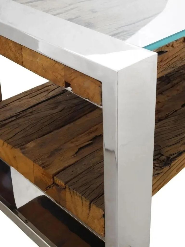 Clearance - Railway Sleeper TV Bench with Glass Top, 120cm Open TV Unit, Stand Upto 50in Plasma, Made from Reclaimed Wood - Brand New Item