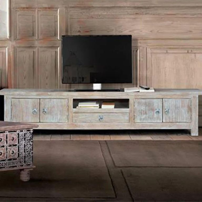 Clearance - Soleil White Washed Mango Wood Storage Large TV Unit - FSS16421