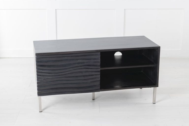 Clearance - Wave Mango Wood TV Unit, Black Ripple Pattern 100cm Wide, Stand Upto 32in Plasma - 1 Door with 2 Shelf - Brand New Item