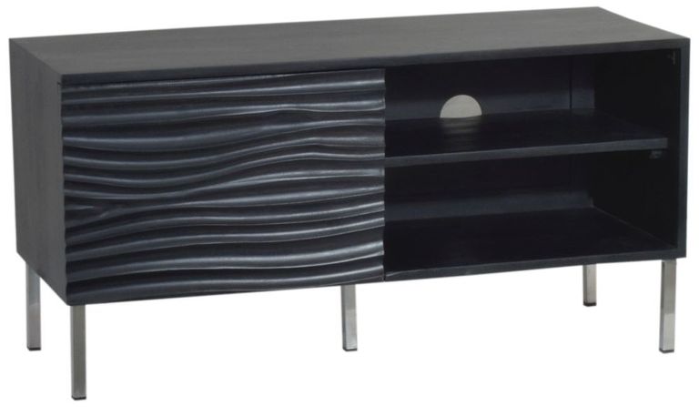 Clearance - Wave Mango Wood TV Unit, Black Ripple Pattern 100cm Wide, Stand Upto 32in Plasma - 1 Door with 2 Shelf - Brand New Item