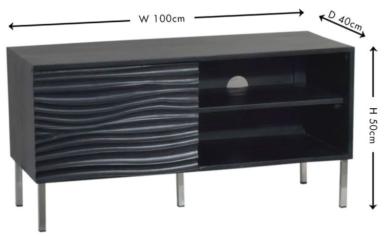 Clearance - Wave Mango Wood TV Unit, Black Ripple Pattern 100cm Wide, Stand Upto 32in Plasma - 1 Door with 2 Shelf - Brand New Item