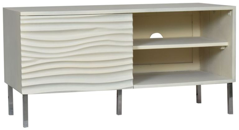 Clearance - Wave Mango Wood TV Unit, Bone White Ripple Pattern 100cm Wide, Stand Upto 32in Plasma - 1 Door with 2 Shelf - Brand New Item