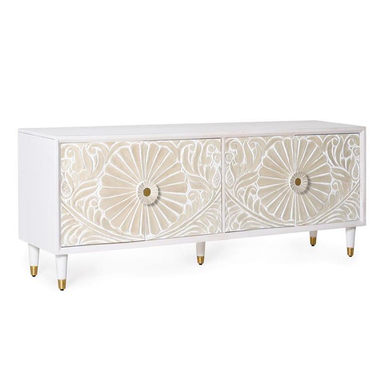 Dover TV Unit - White Carved Mango Wood - 4 Door - Large