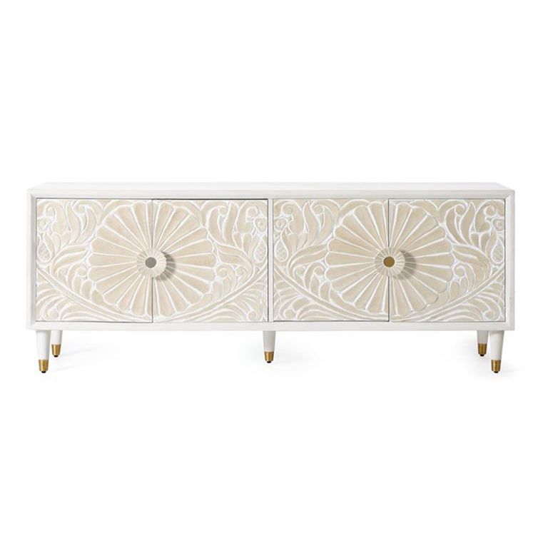 Dover TV Unit - White Carved Mango Wood - 4 Door - Large
