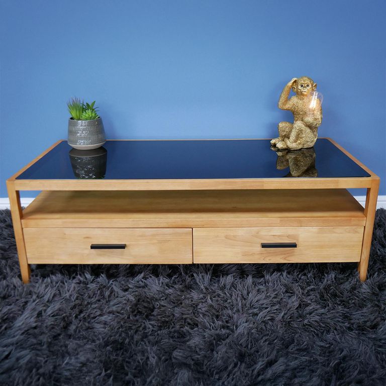 TV Unit - Wood and Black Glass - 2 Drawer