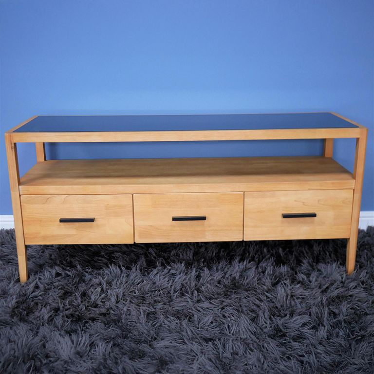 TV Unit - Wood and Black Glass - 3 Drawer
