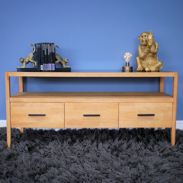 TV Unit - Wood and Black Glass - 3 Drawer
