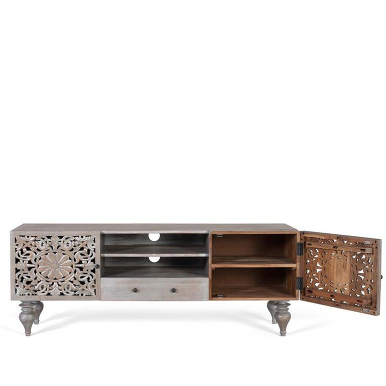 Edith Storage TV Unit - Grey Carved Mango Wood