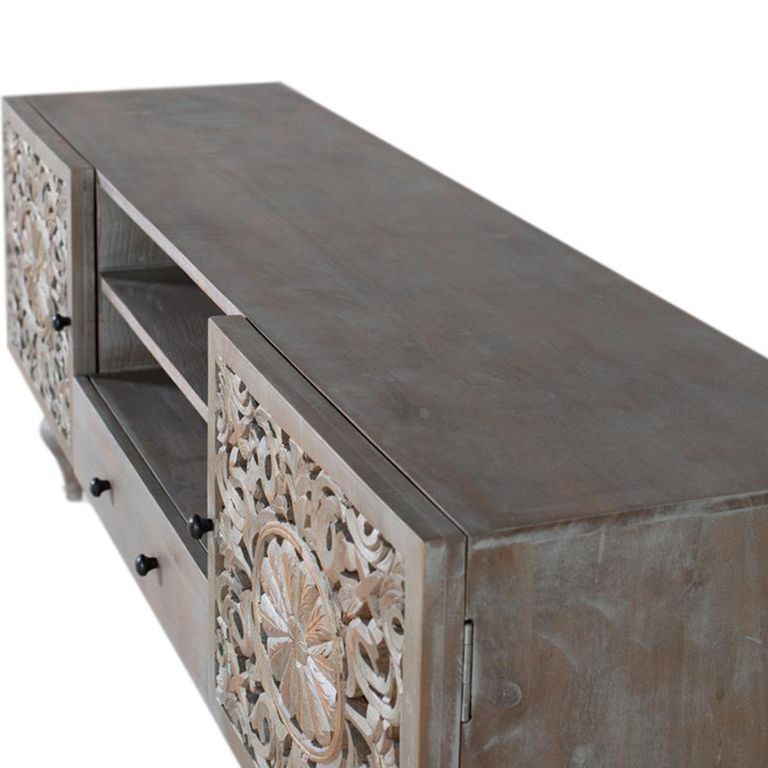 Edith Storage TV Unit - Grey Carved Mango Wood