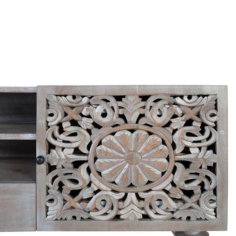 Edith Storage TV Unit - Grey Carved Mango Wood