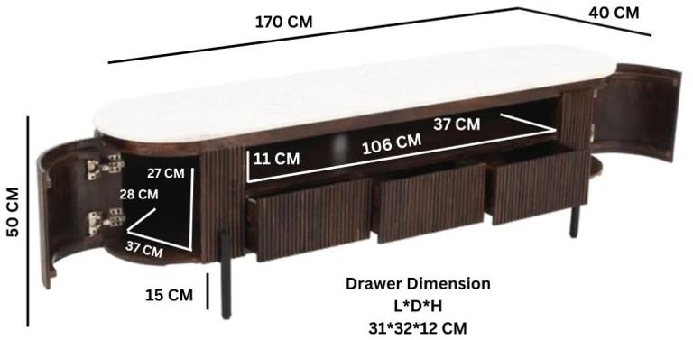 Fluted White Marble Top 170cm TV Unit