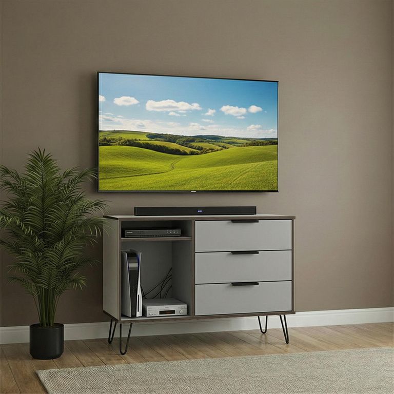 Hong Kong TV Unit - 95cm - with Hairpin Legs - Grey and White
