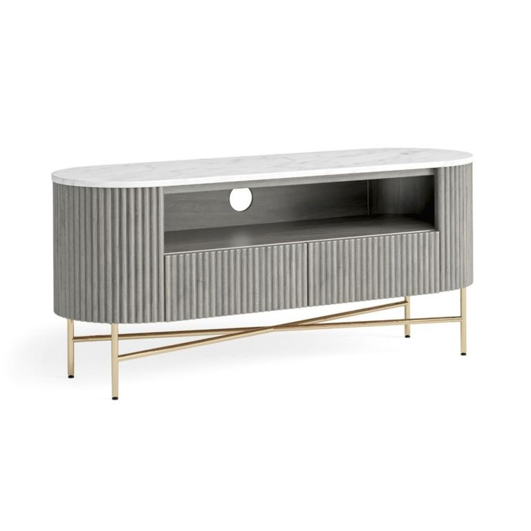 Isabella Grey TV Unit - 120cm Curved Storage Fluted - White Marble Top