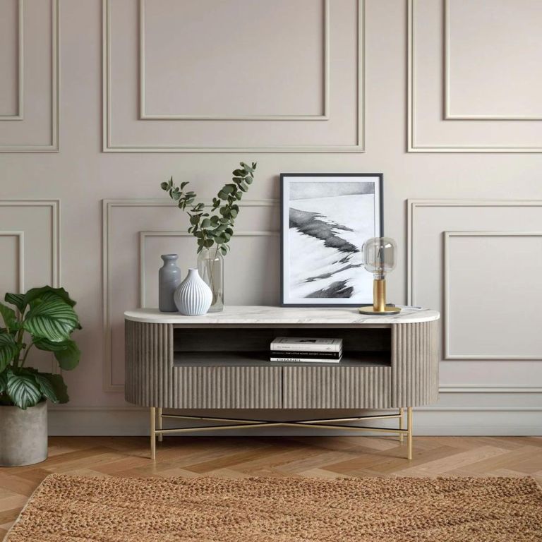 Isabella Grey TV Unit - 120cm Curved Storage Fluted - White Marble Top