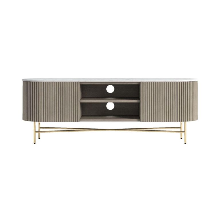 Isabella Grey TV Unit - 150cm Curved Storage Fluted - White Marble Top