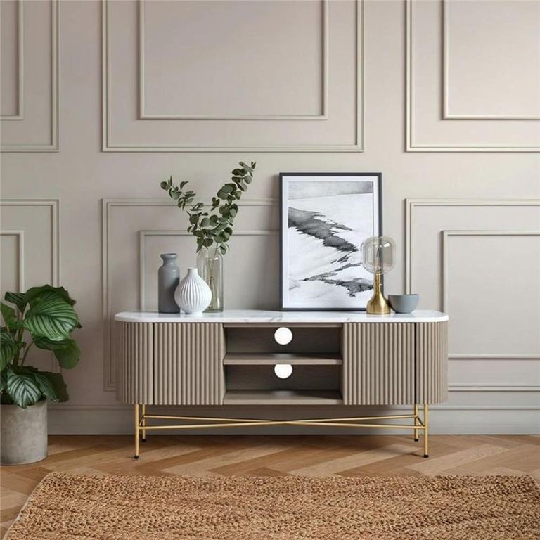 Isabella Grey TV Unit - 150cm Curved Storage Fluted - White Marble Top