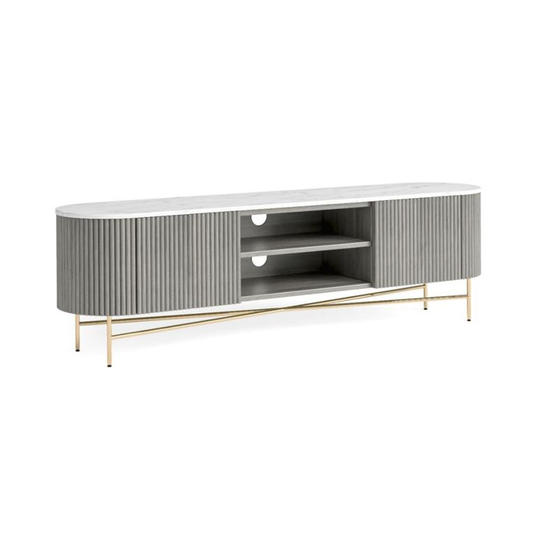 Isabella Grey TV Unit - 180cm Curved Storage Fluted - White Marble Top