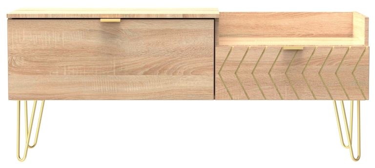 Jigsaw Oak Effect 130cm TV Unit with Gold Hairpin Legs - 2 Drawers