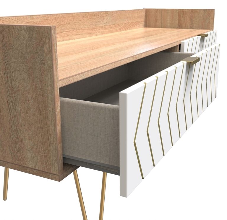Jigsaw White and Oak Effect 130cm TV Unit with Gold Hairpin Legs - 2 Drawers