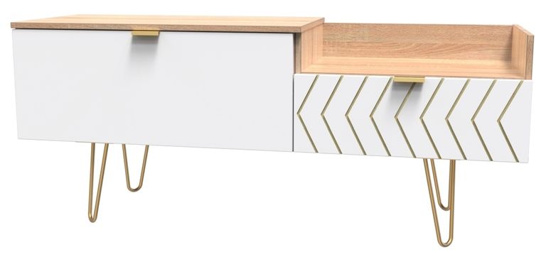Jigsaw White and Oak Effect 130cm TV Unit with Gold Hairpin Legs