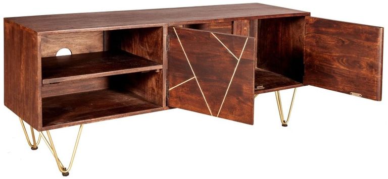 Kaza Dark Mango Wood 140cm TV Unit - Hairpin Legs with Gold Geometric Inlay