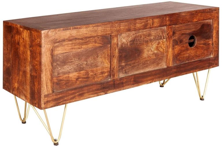 Kaza Dark Mango Wood 140cm TV Unit - Hairpin Legs with Gold Geometric Inlay