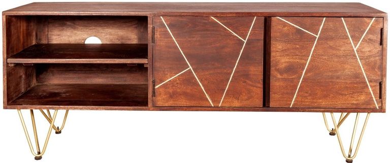 Kaza Dark Mango Wood 140cm TV Unit - Hairpin Legs with Gold Geometric Inlay