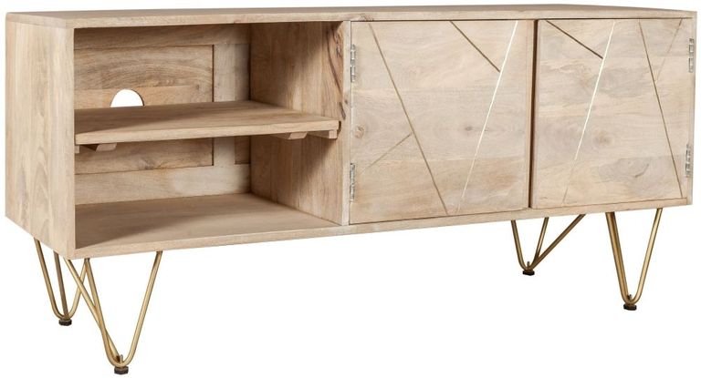 Kaza Light Mango Wood 140cm TV Unit - Hairpin Legs with Gold Geometric Inlay